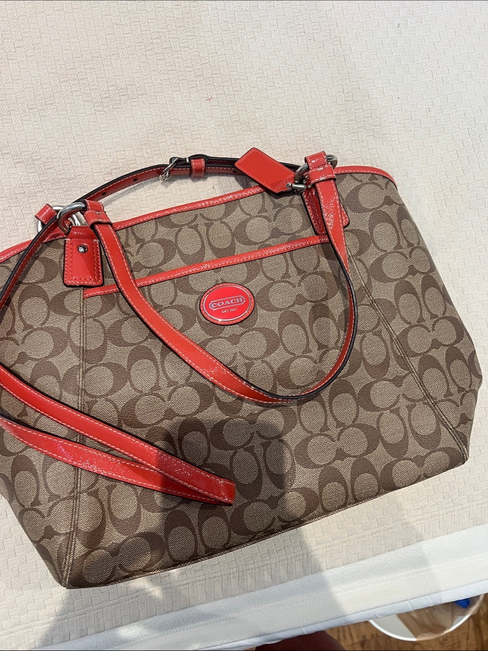 Coach Brown Signature Tote with Red/orange Trim